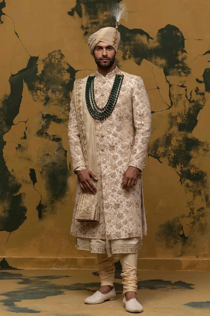 Beige Floral Kiran Dori Sherwani