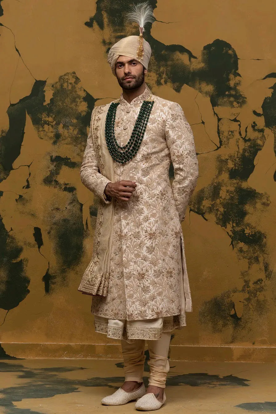 Beige Floral Kiran Dori Sherwani