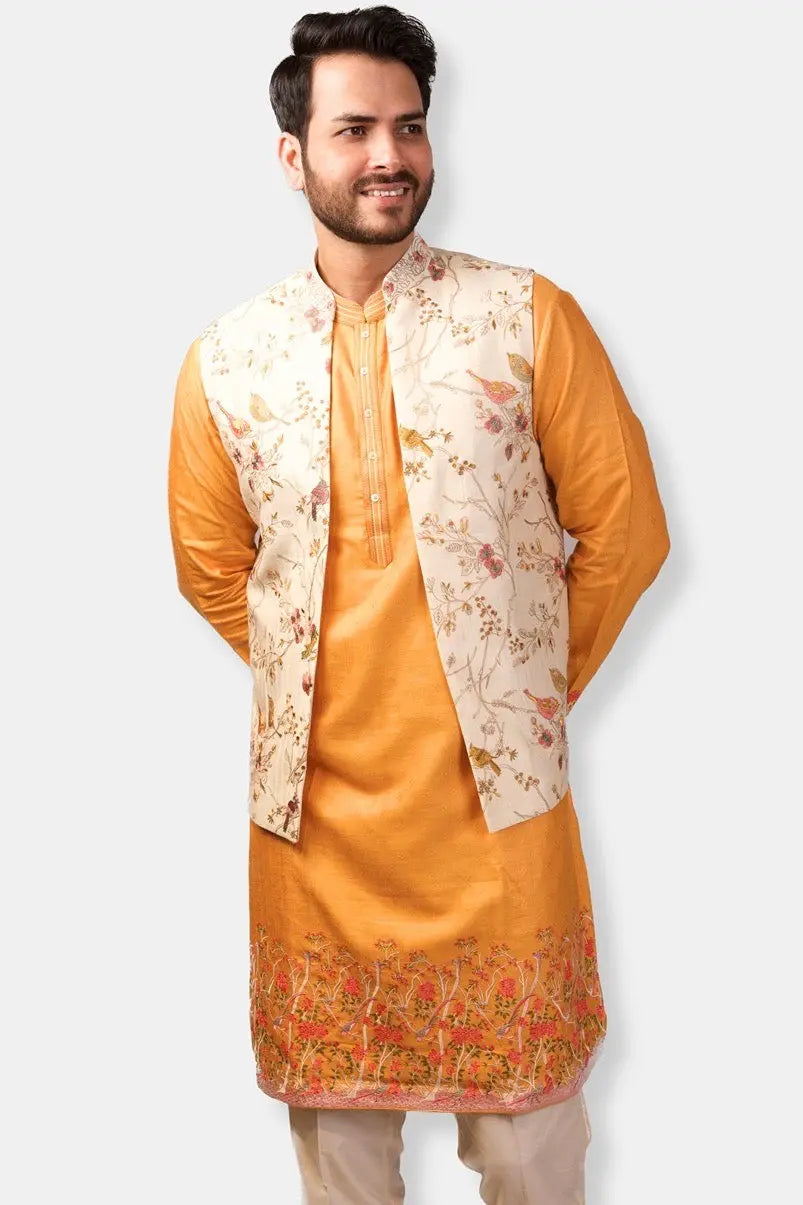 Beige and Saffron Embroidered Silk Bundi Set