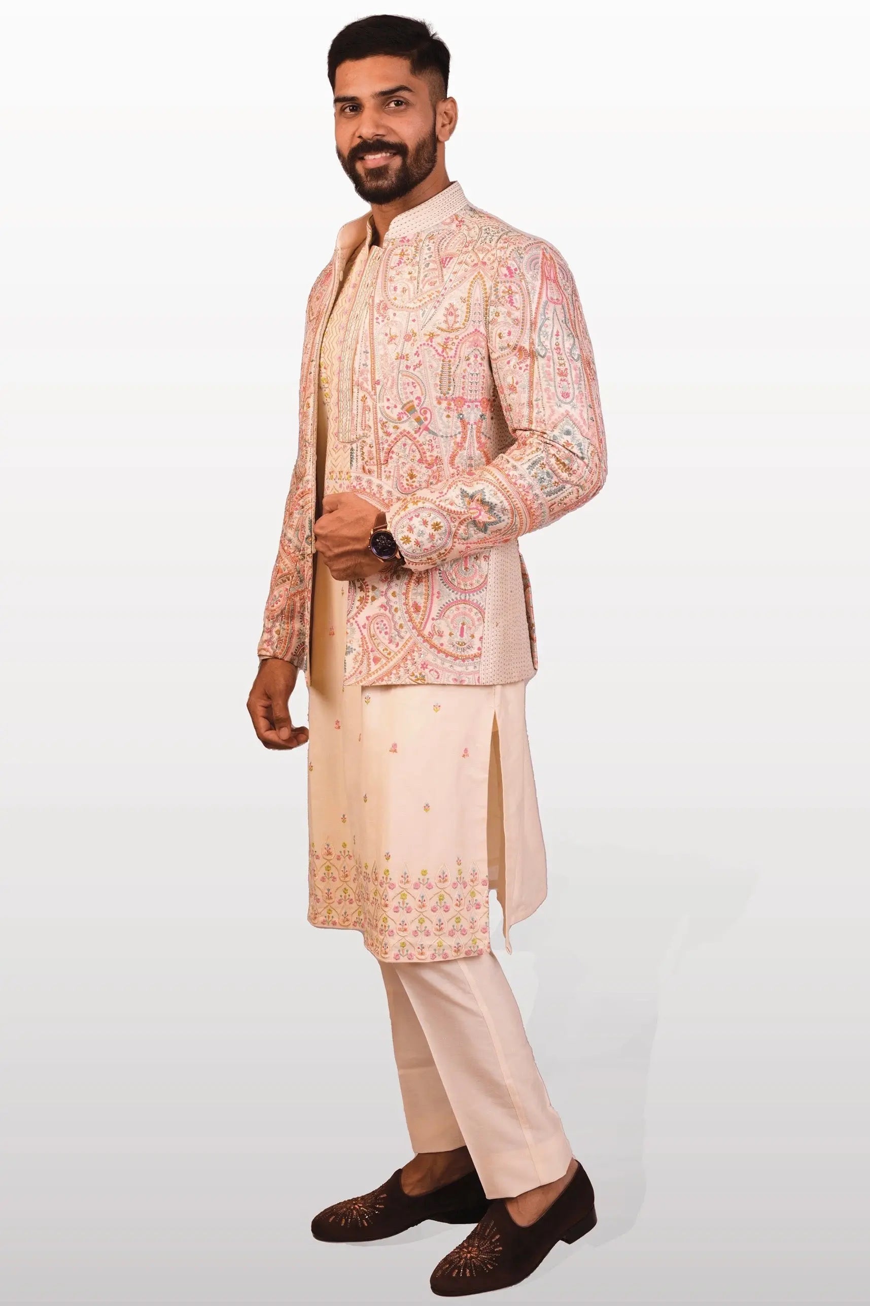 Beige Raw Silk Open Bandhgala