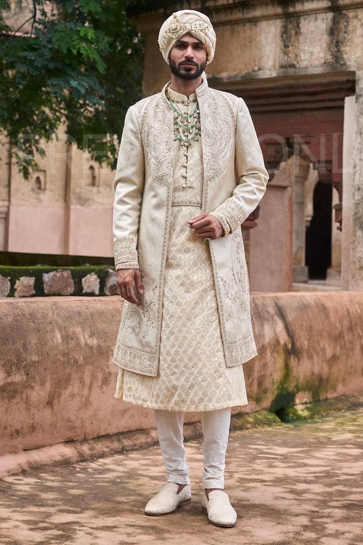 Créme Jacquard Anarkali Sherwani Set