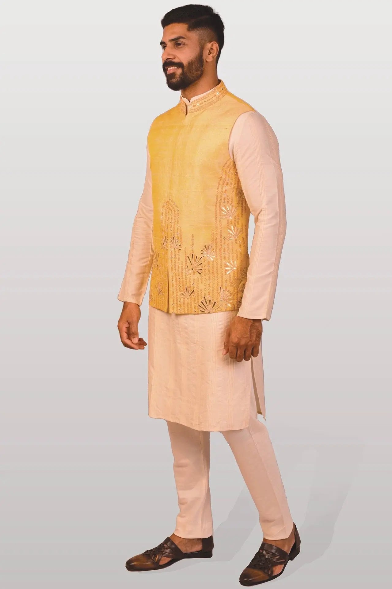 Sunshine Yellow abstract floral motifs Silk Bundi Set
