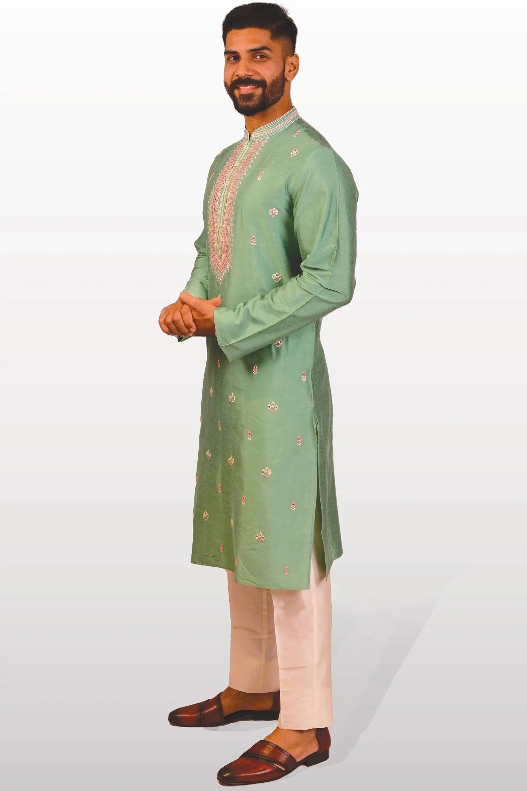 Mint Green Silk Embroidered Kurta