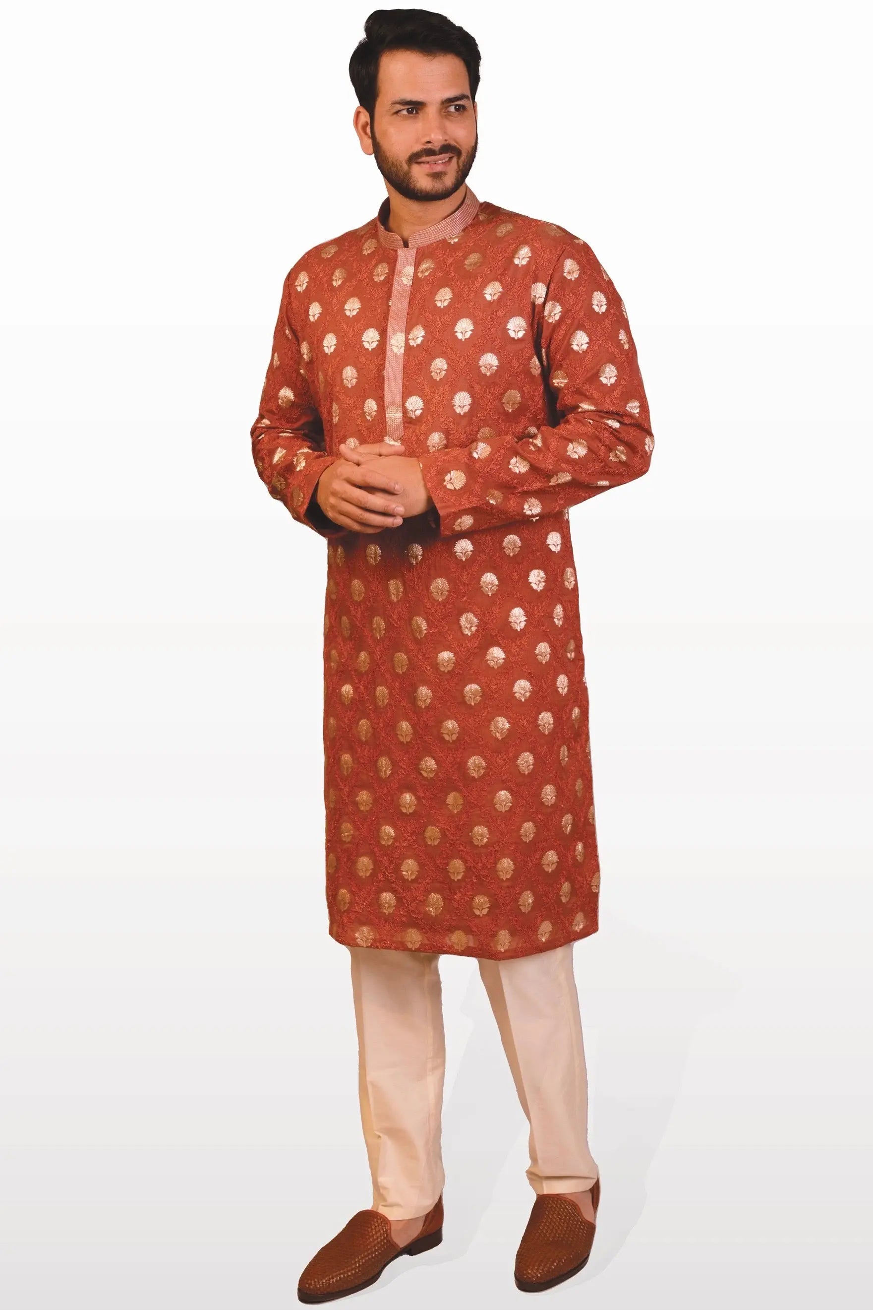 Orange Gold Dori Embroidery Kurta