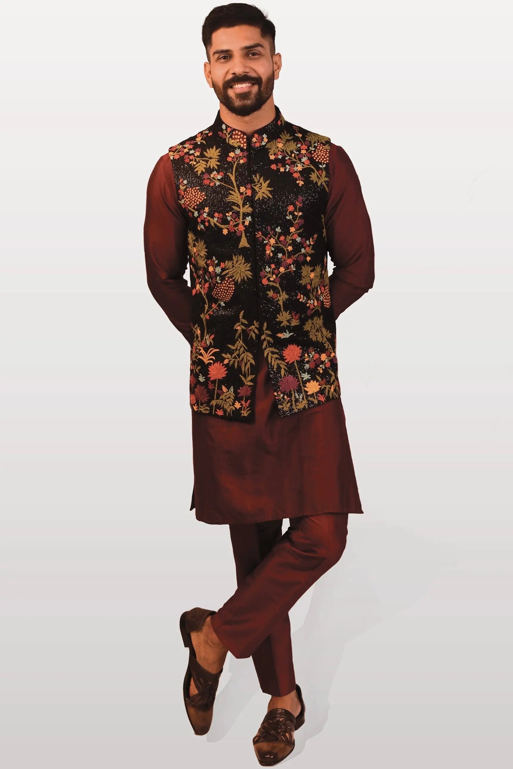 Wine Sparkle Sequins Embroidered Kurta Bundi Set