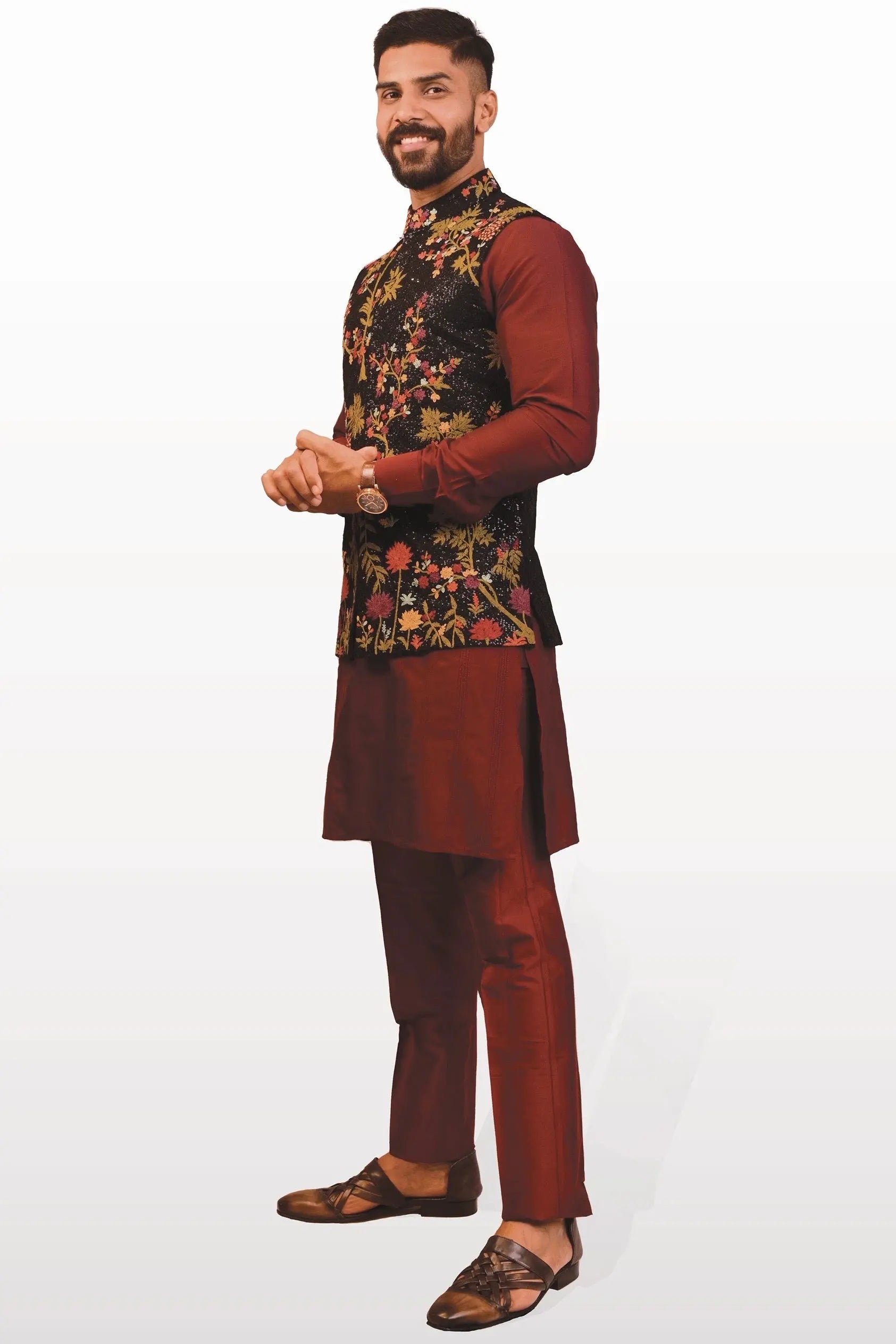 Wine Sparkle Sequins Embroidered Kurta Bundi Set