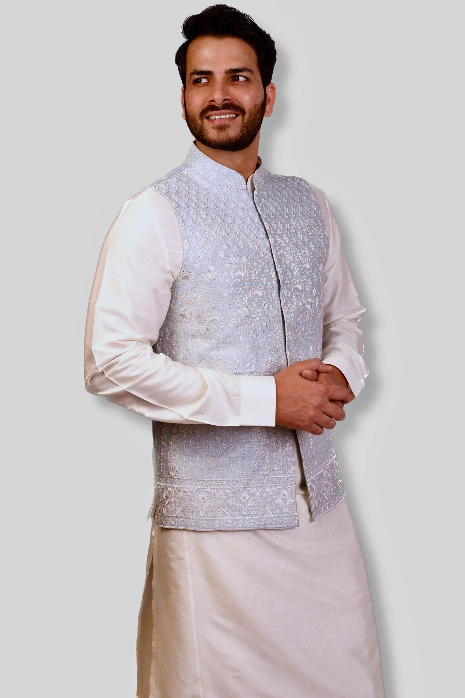 Sky Blue and White Raw Silk Traditional Bundi Set