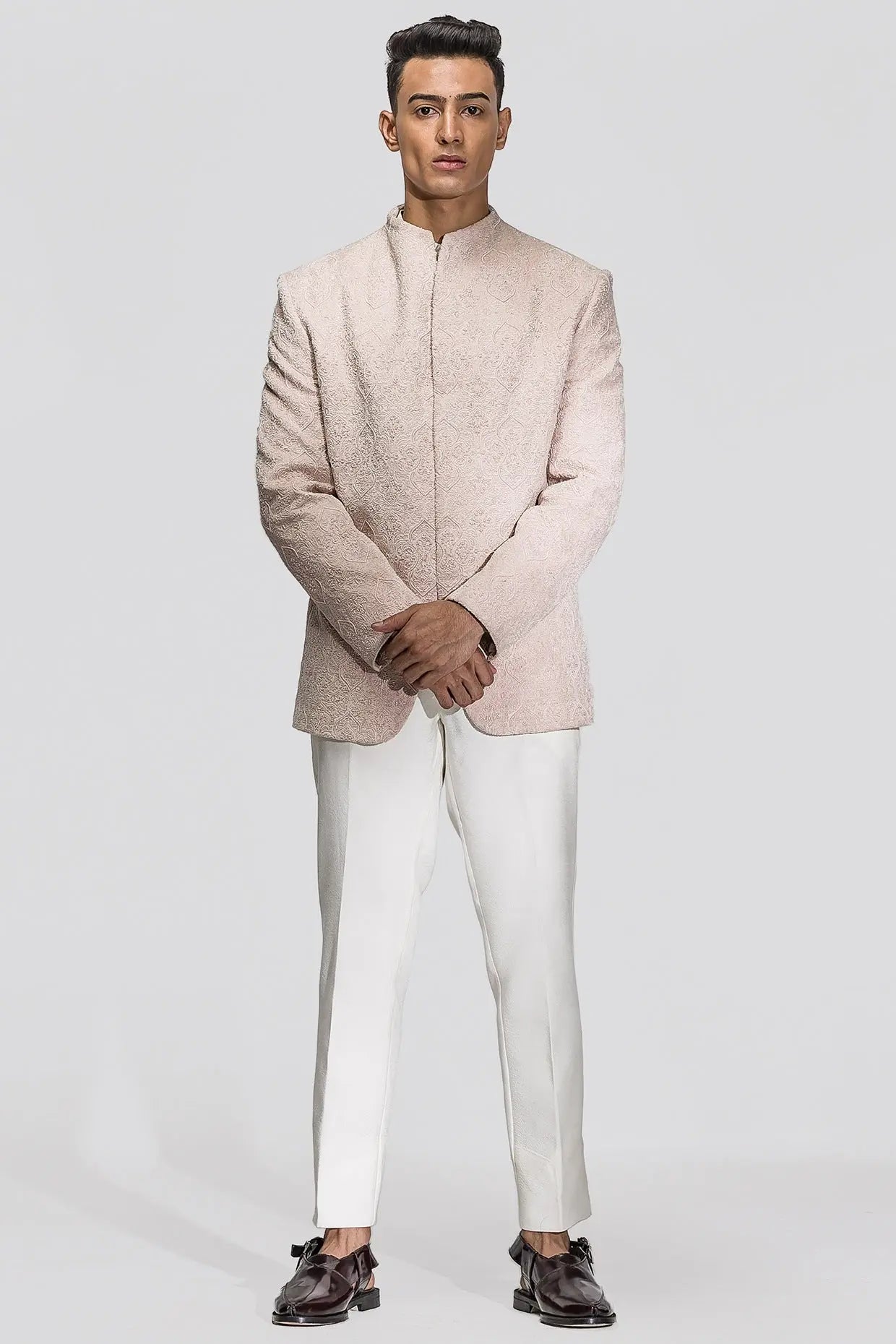 Baby Pink Moti Work Velvet Bandhgala