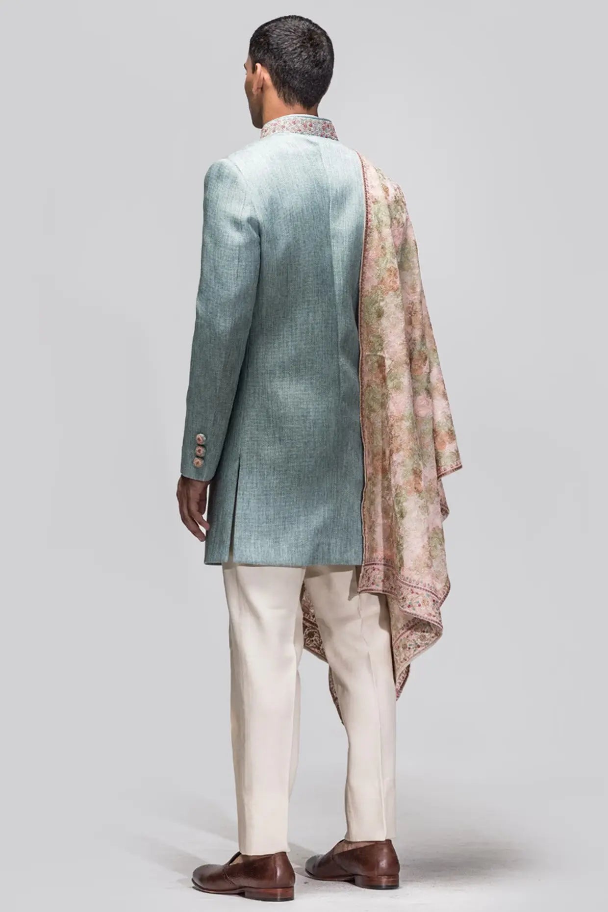 Cyan Blue Matka Silk Achkan