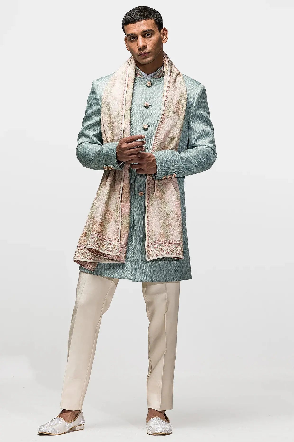 Cyan Blue Matka Silk Achkan