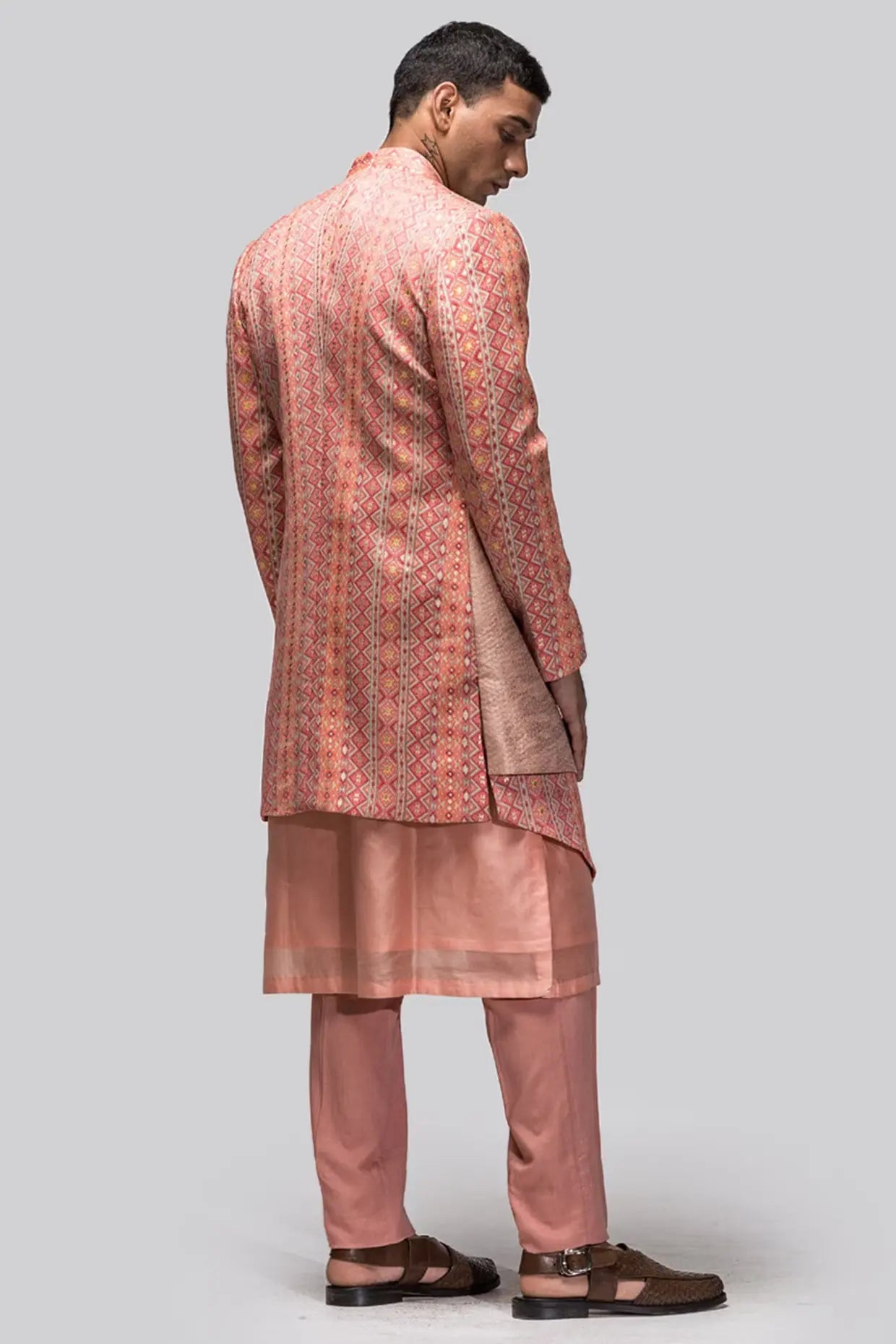 Salmon Pink Mirror Work Open achkan