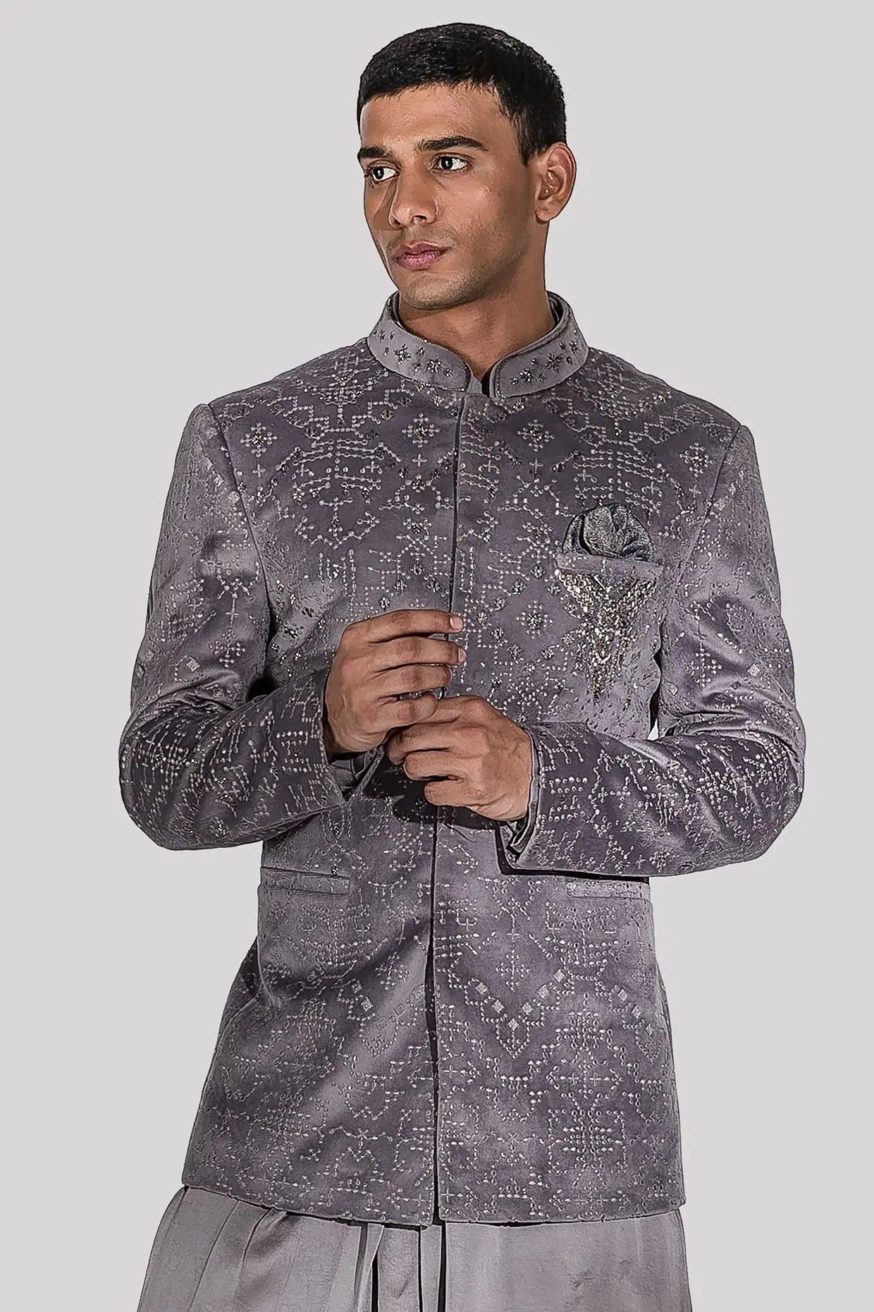 Charcoal Grey Geometric Embroidery Bandhgala