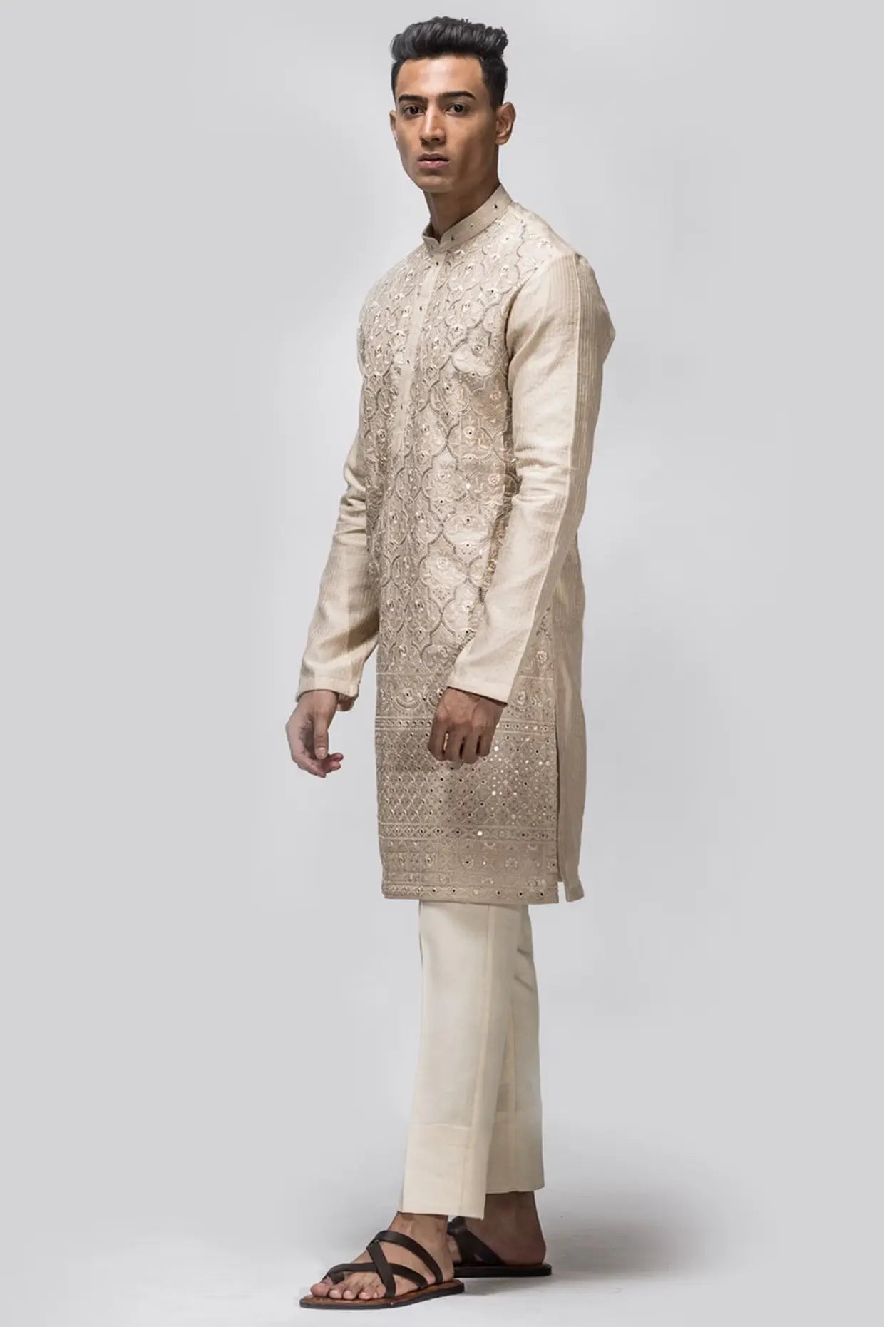 Beige Shisha Sequins Embroidery Kurta