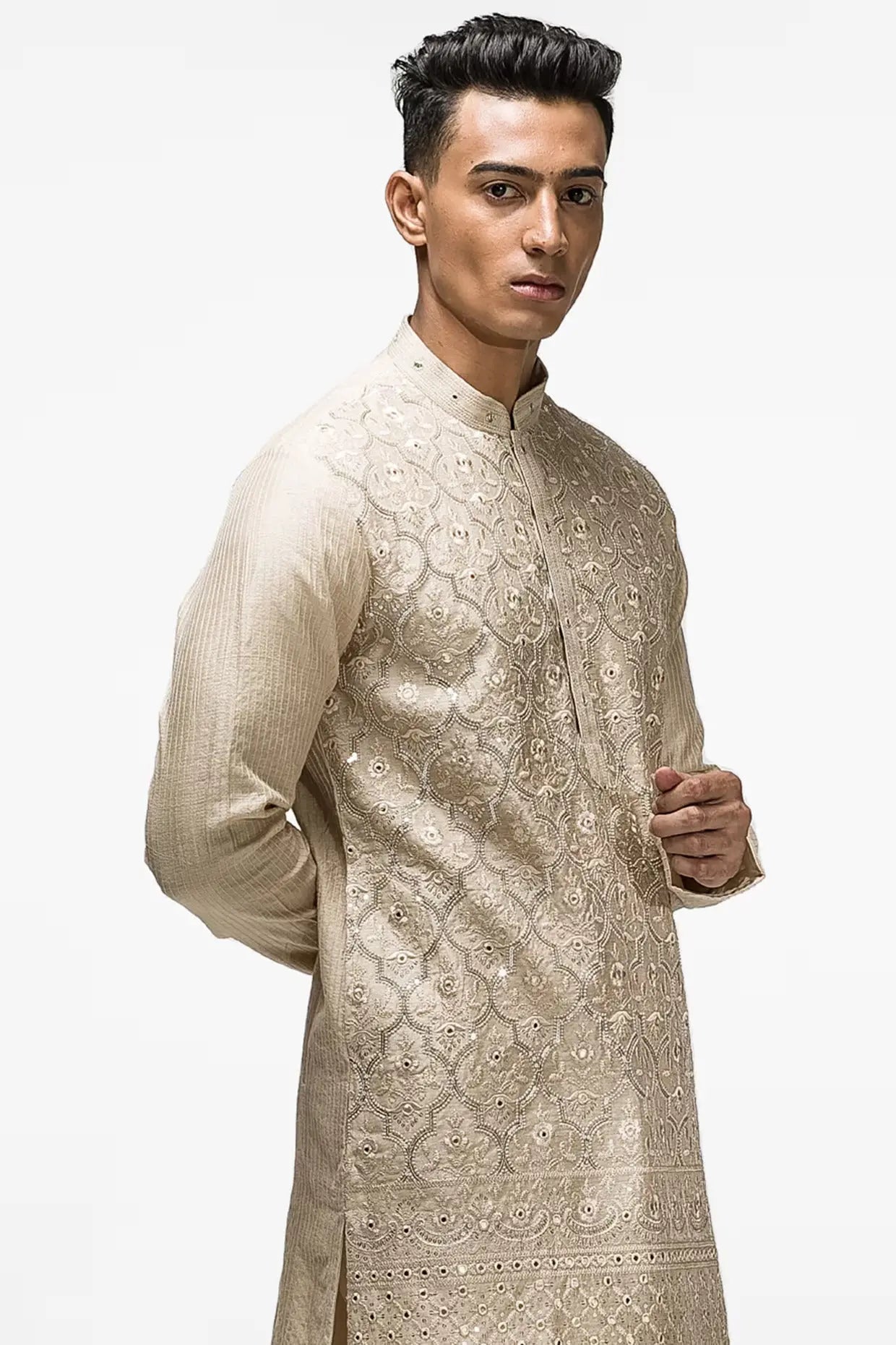 Beige Shisha Sequins Embroidery Kurta