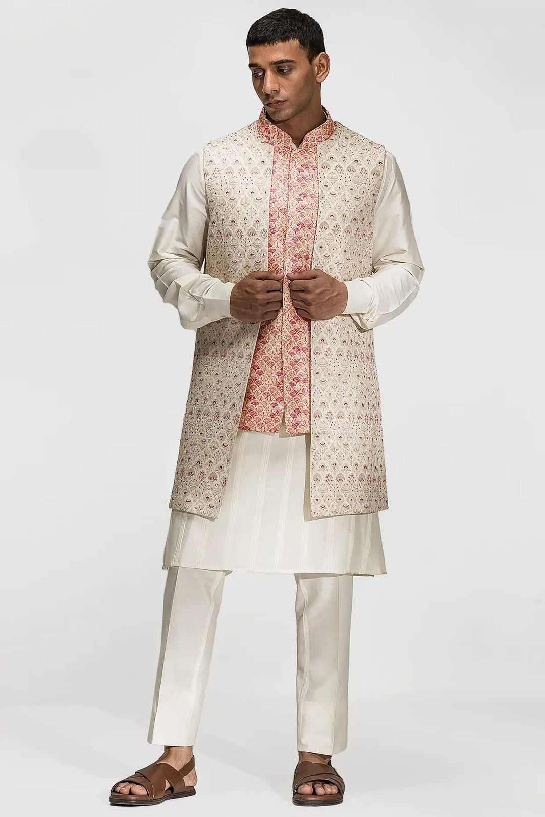 Multicolour Floral Mosaic Embroidery Double Bundi - Asuka Couture