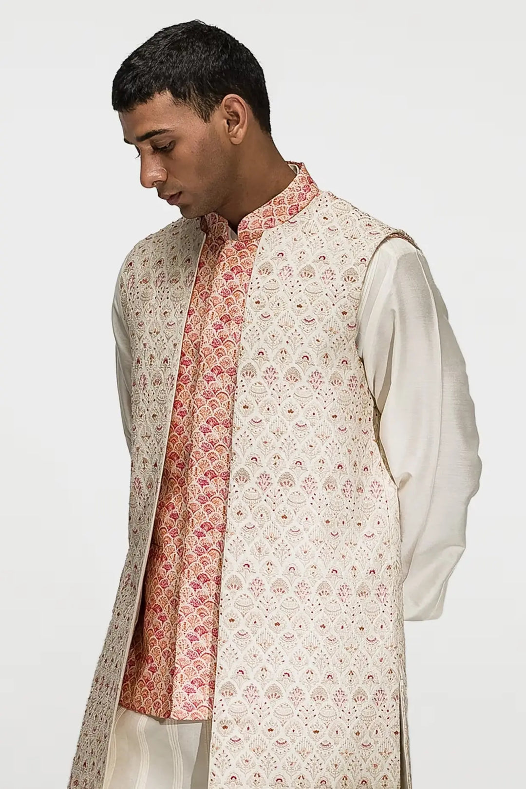 Multicolour Floral Mosaic Embroidery Double Bundi - Asuka Couture