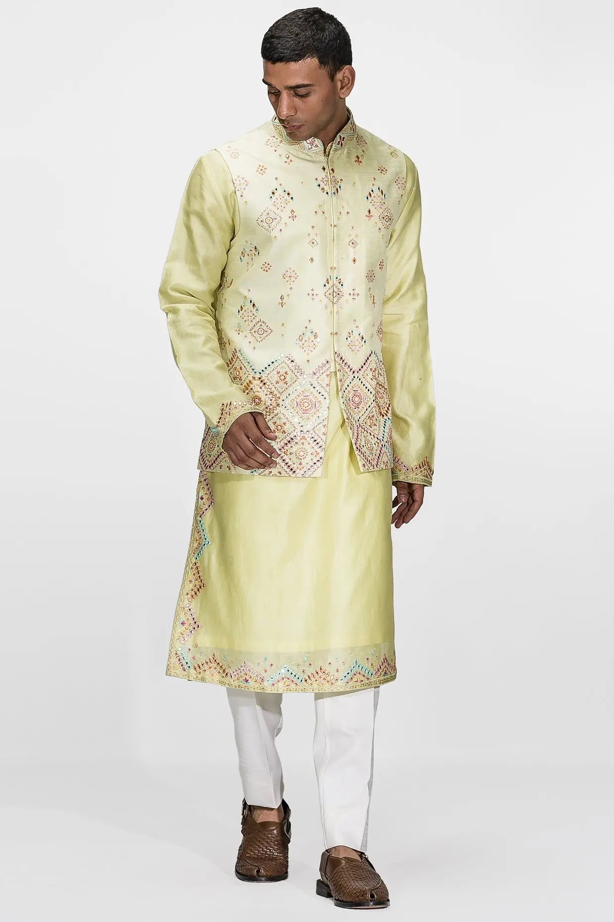 Neon Green Sheesha Embroidery Resham Bundi Set