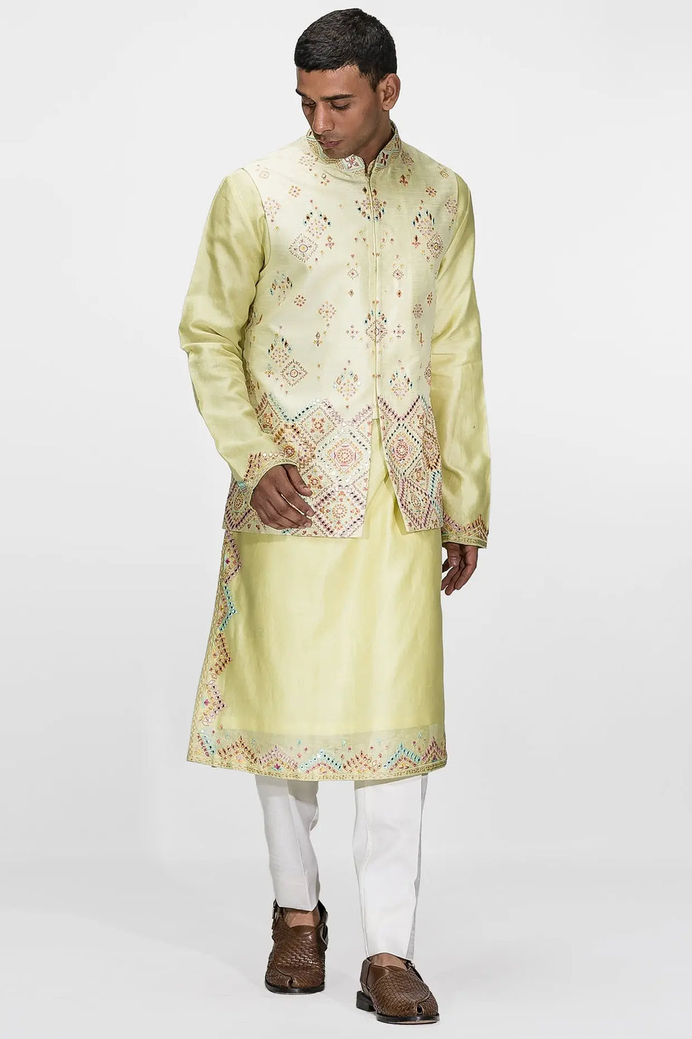 Neon Green Sheesha Embroidery Resham Bundi Set - Asuka Couture