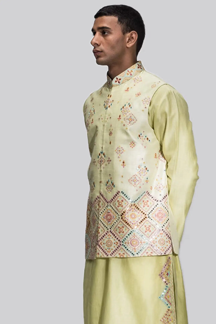 Neon Green Sheesha Embroidery Resham Bundi Set - Asuka Couture