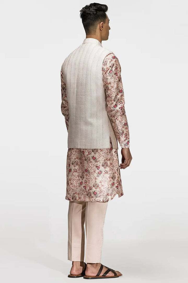 Printed Beige Kantha Stitch Work Bundi Set - Asuka Couture