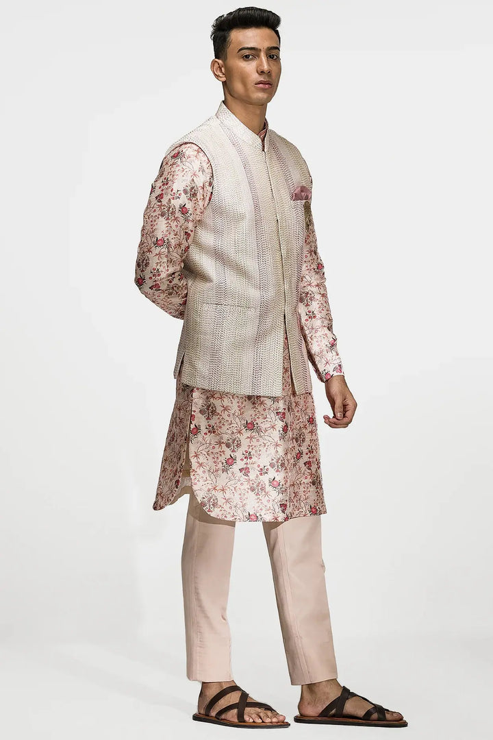 Printed Beige Kantha Stitch Work Bundi Set - Asuka Couture