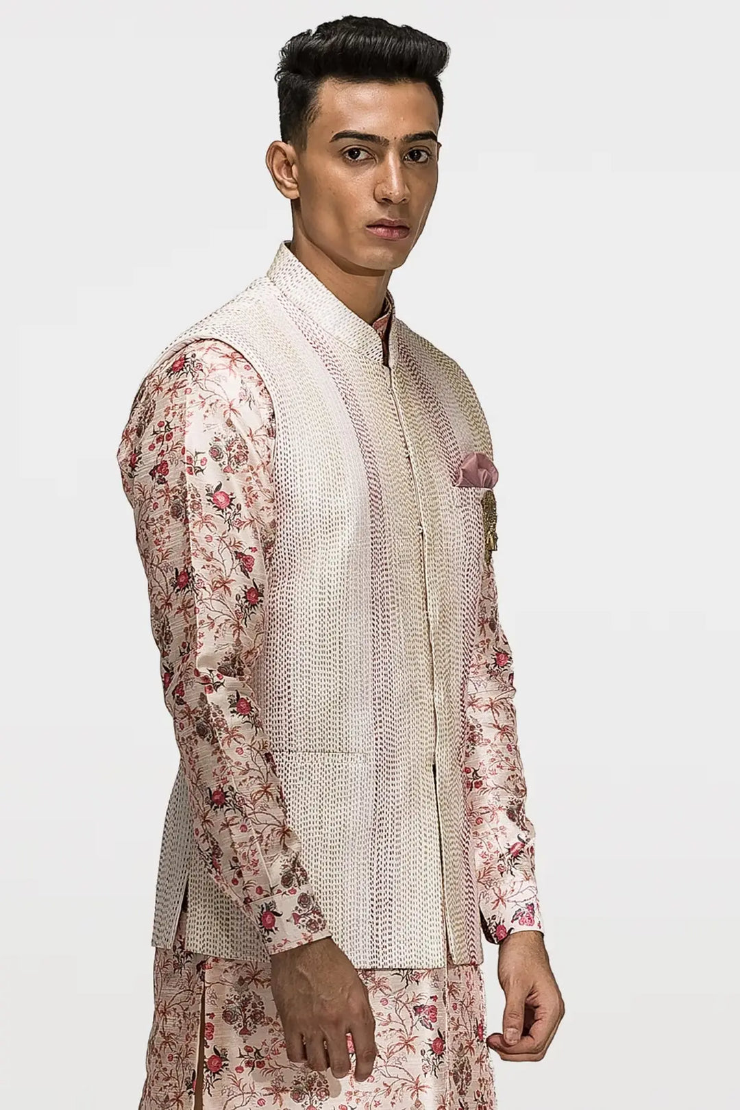 Printed Beige Kantha Stitch Work Bundi Set - Asuka Couture