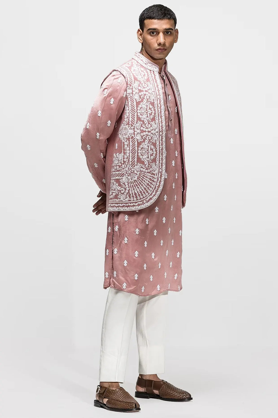 Monochrome Pink booti motif Dori Panel work Bundi Set - Asuka Couture