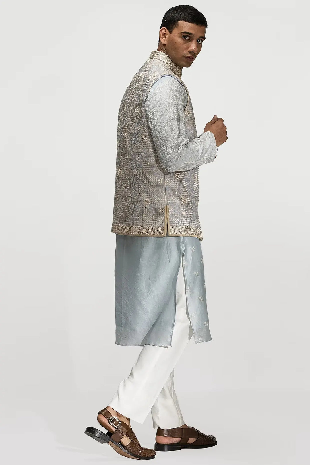 Ice Blue Sheesha Embroidery Bundi Set - Asuka Couture