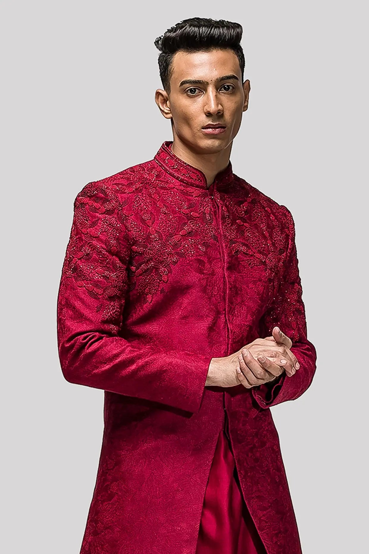 Red Sequins Katdana Embroidery Sherwani