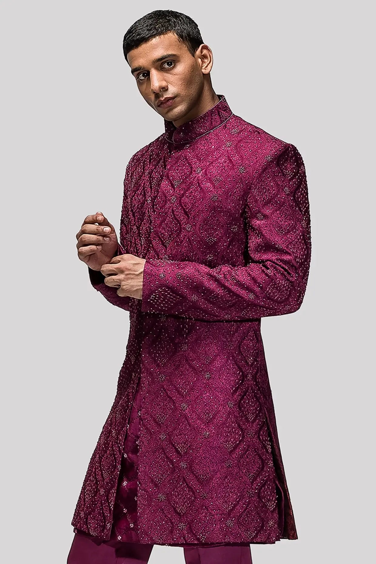 Wine Red Embroidered Sherwani