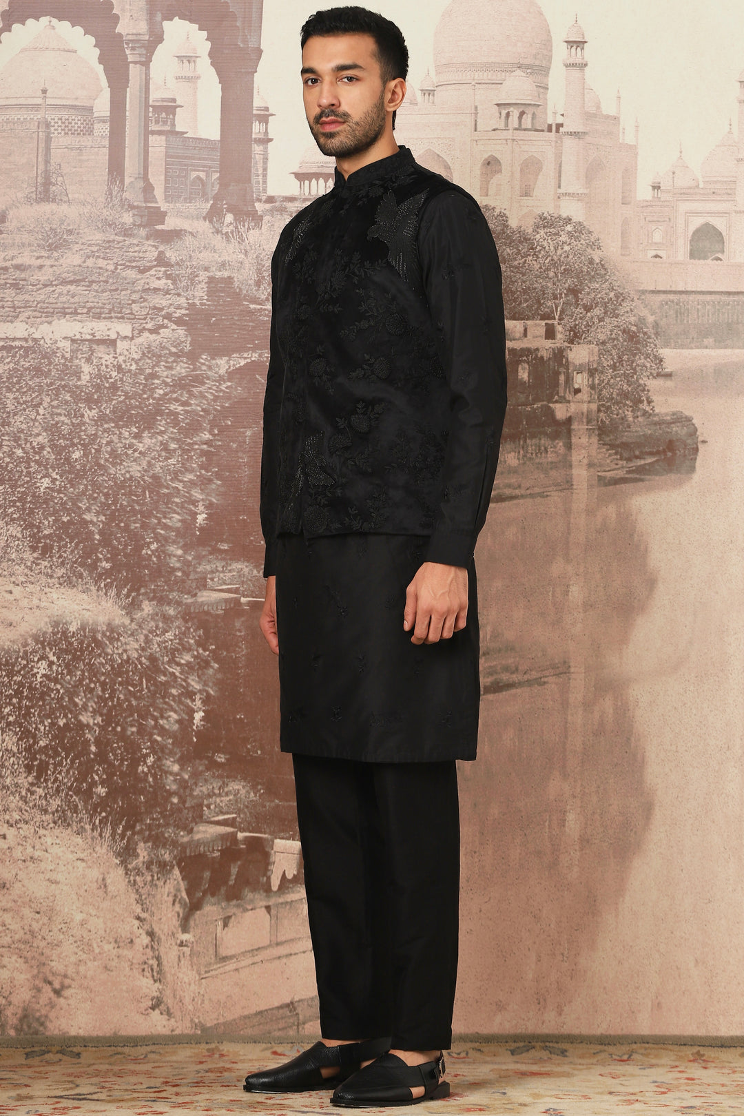 Affordable Black Kiran Dori Embroidered Kurta Bundi Set