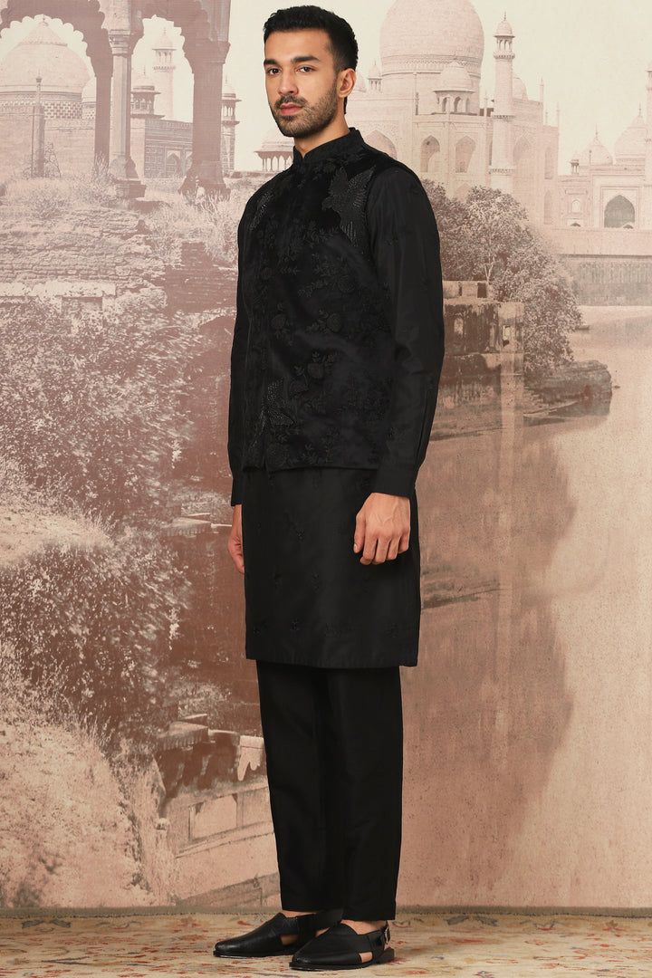 Affordable Black Kiran Dori Embroidered Kurta Bundi Set