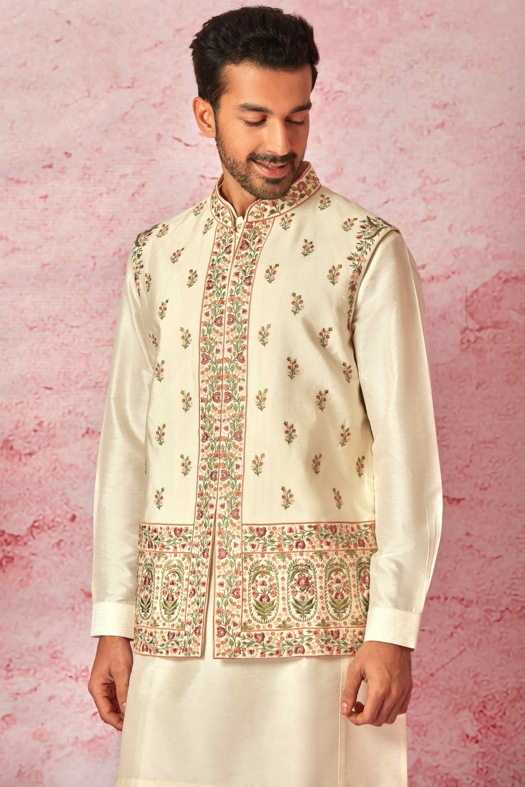 Affordable Cream Silk Kurta Bundi Set with Resham Floral Embroidery