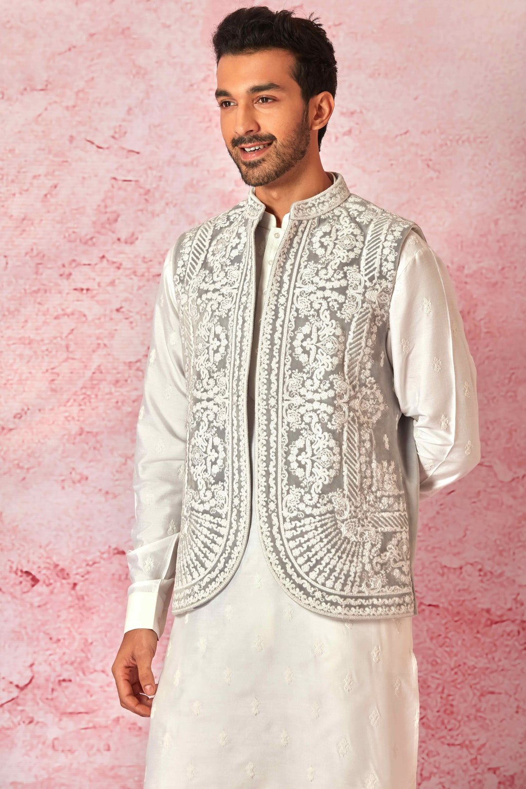 Affordable Grey Velvet Dori Embroidered Bundi with Silk Kurta Set