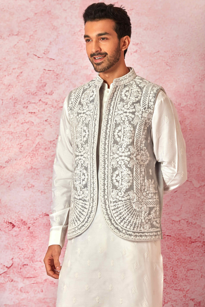 Affordable Grey Velvet Dori Embroidered Bundi with Silk Kurta Set