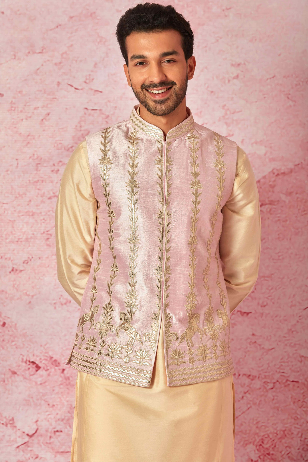 Affordable Pink Raw Silk Bundi with Cotton Silk Kurta Set