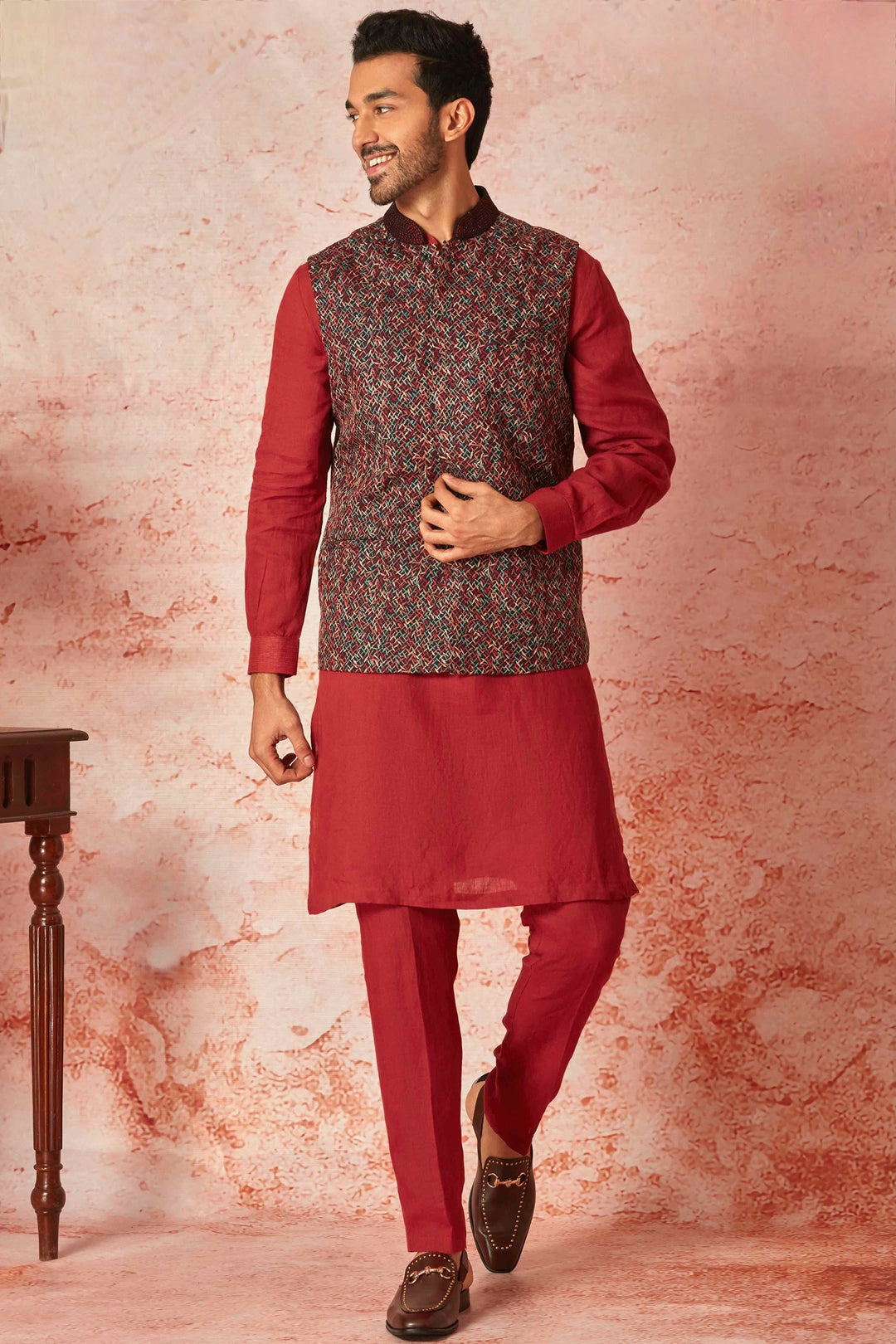 Affordable Red Linen Kurta Bundi Set with Multicolor Resham Embroidery