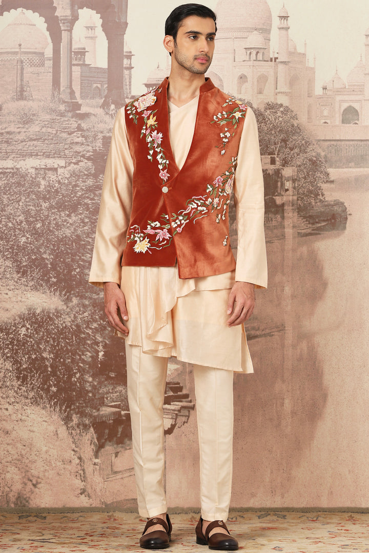 Affordable Sienna Rust Velvet Embroidered Kurta Bundi Set