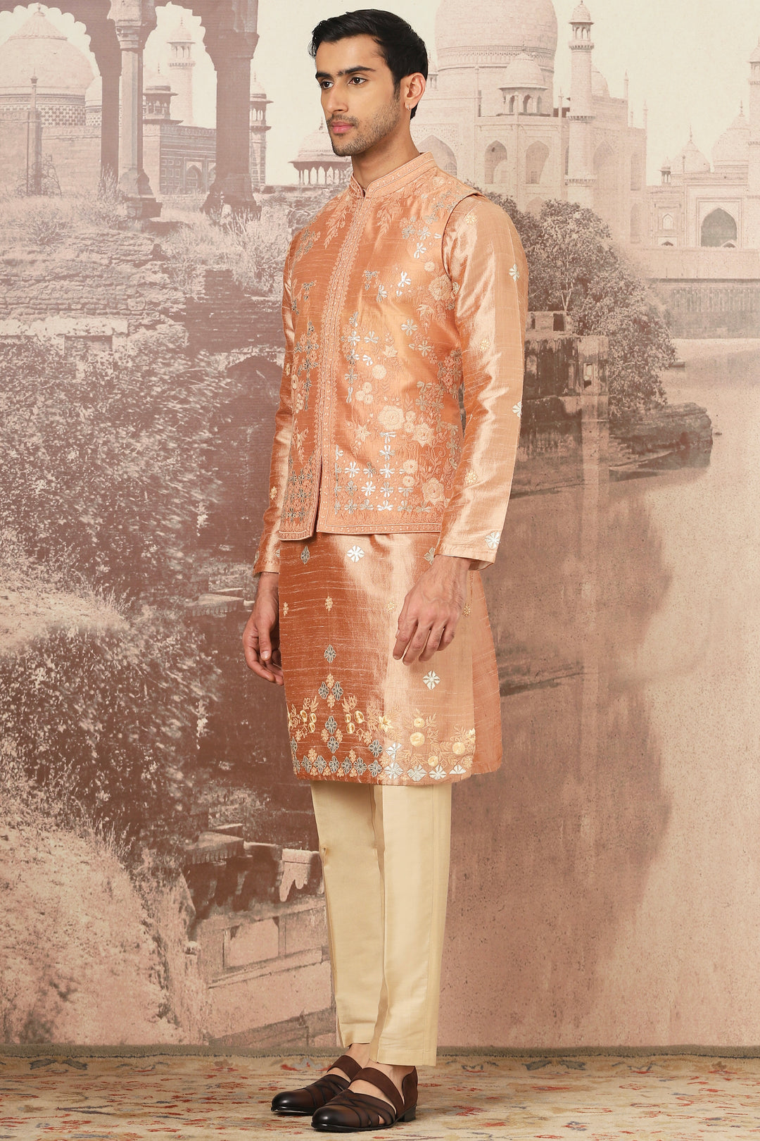 Affordable Tuscan Gold Embroidered Tussar Silk Bundi Set