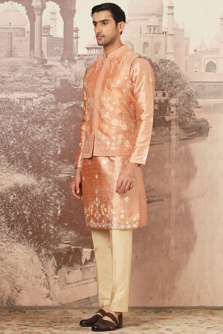 Affordable Tuscan Gold Embroidered Tussar Silk Bundi Set