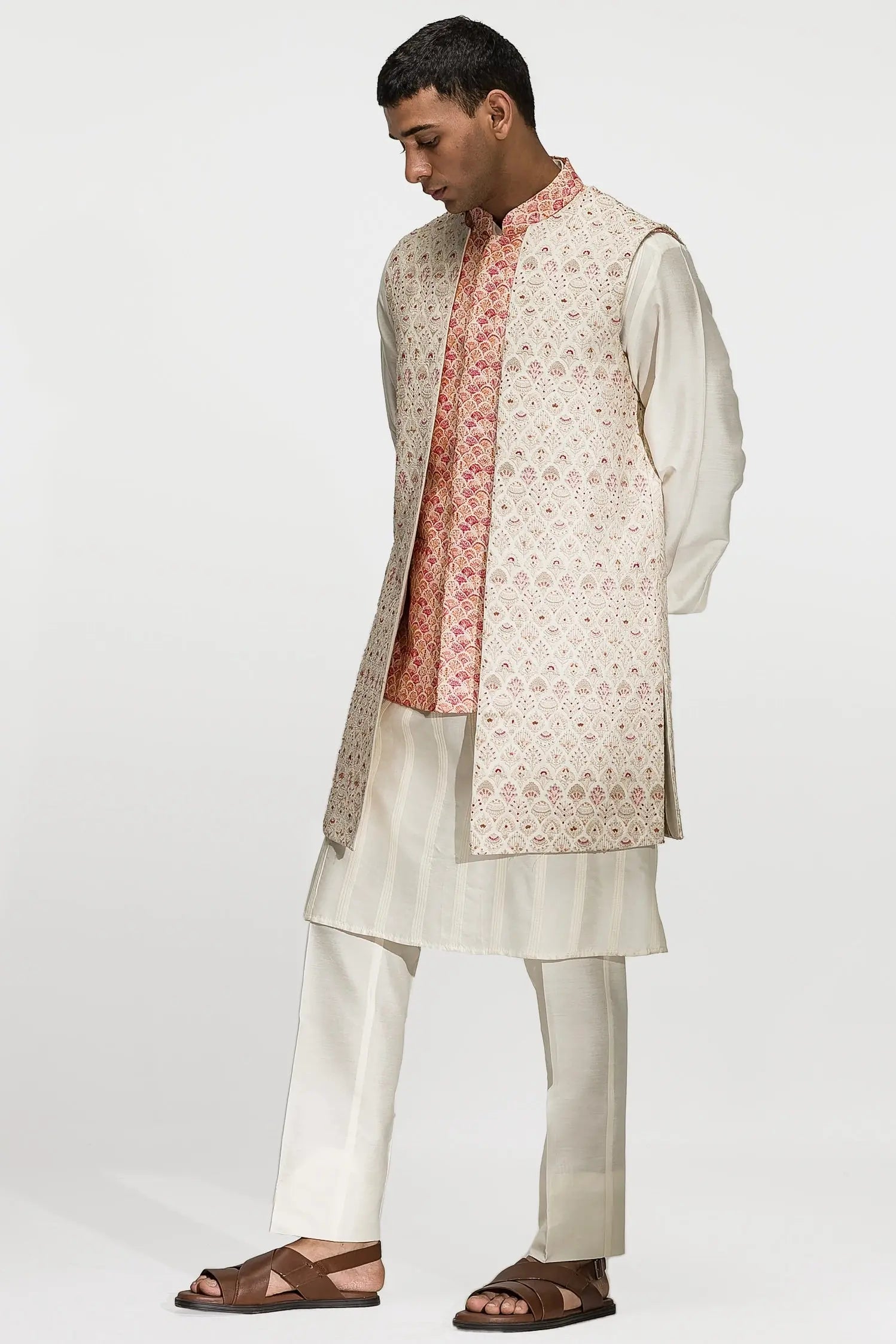 Multicolour Floral Mosaic Embroidery Double Bundi