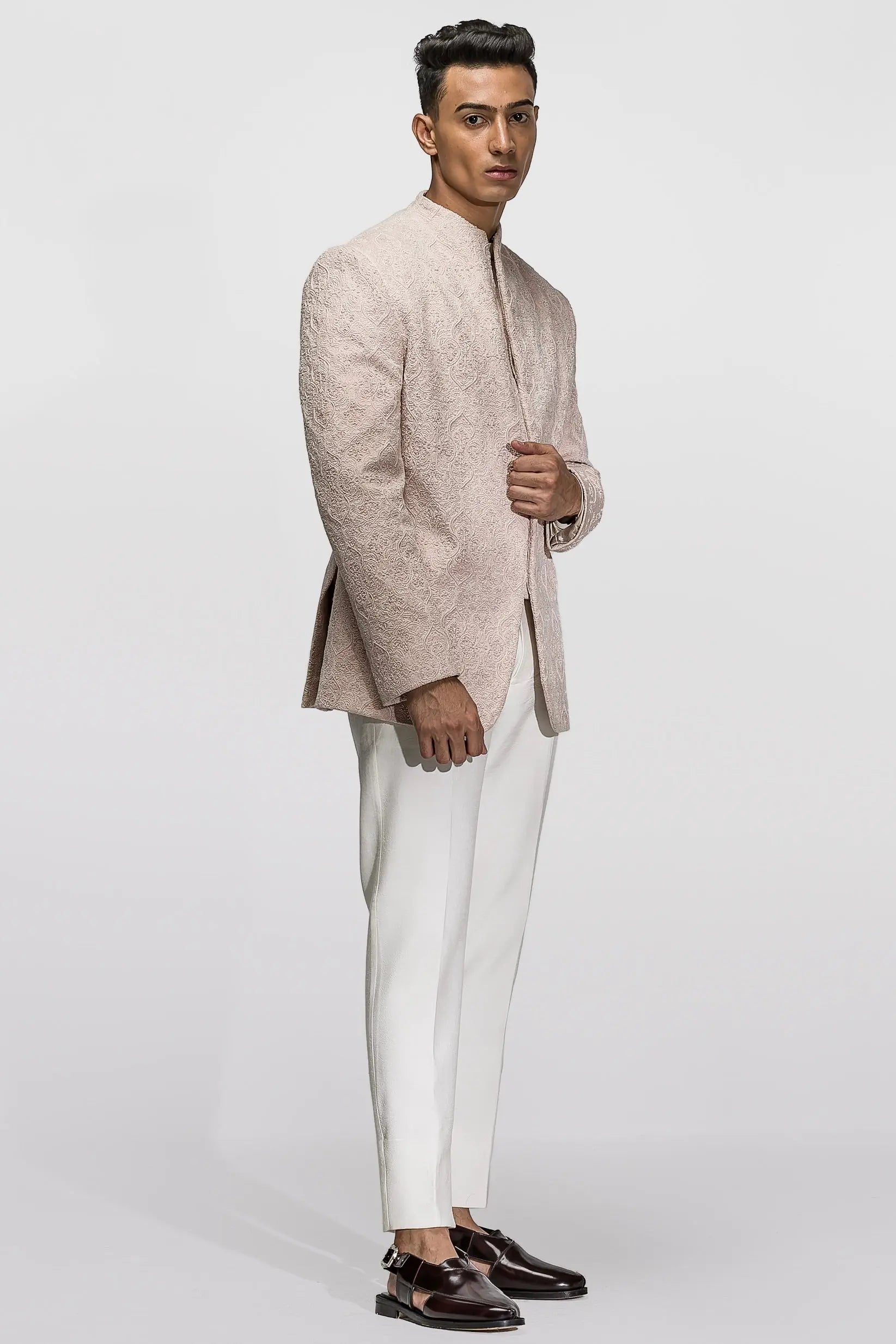 Baby Pink Moti Work Velvet Bandhgala