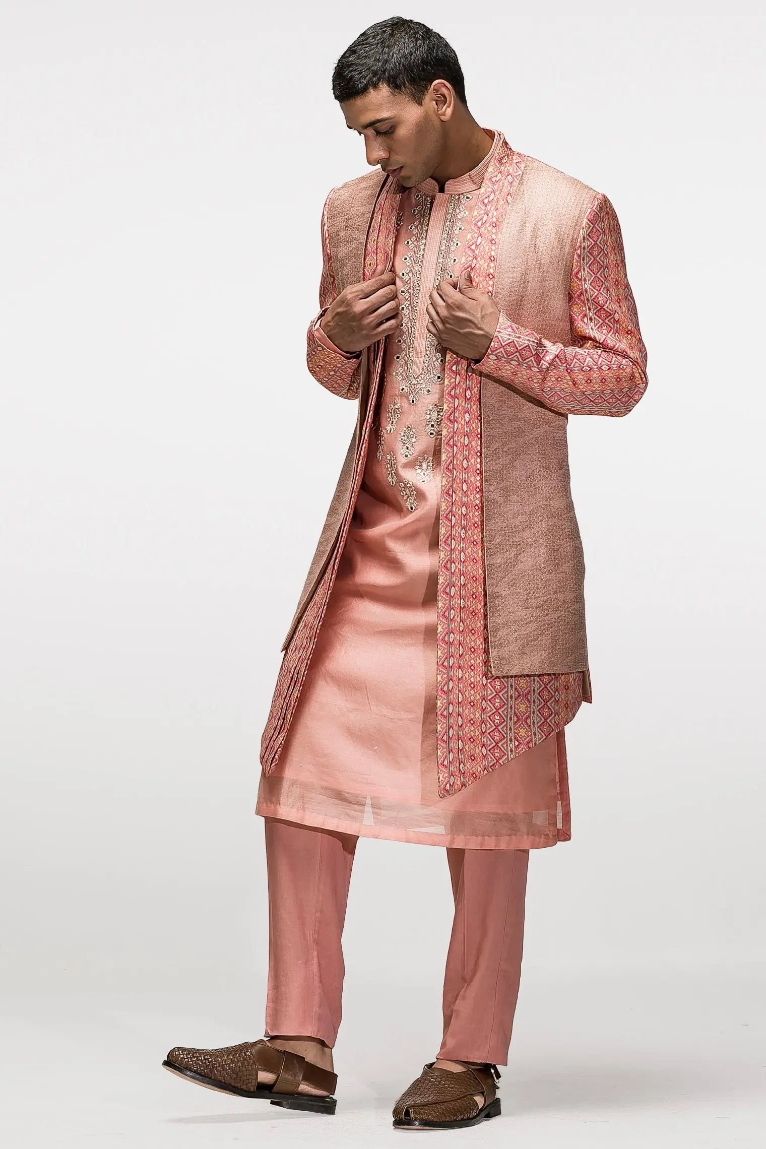 Salmon Pink Mirror Work Open achkan