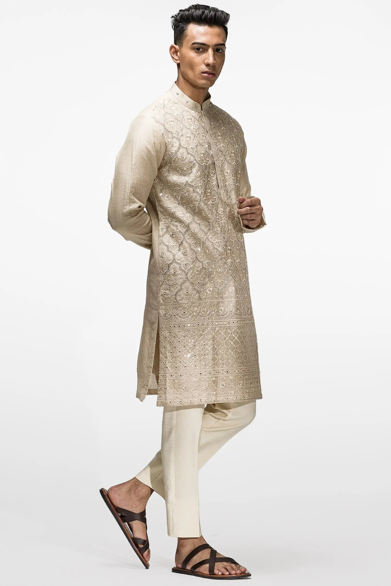 Beige Shisha Sequins Embroidery Kurta