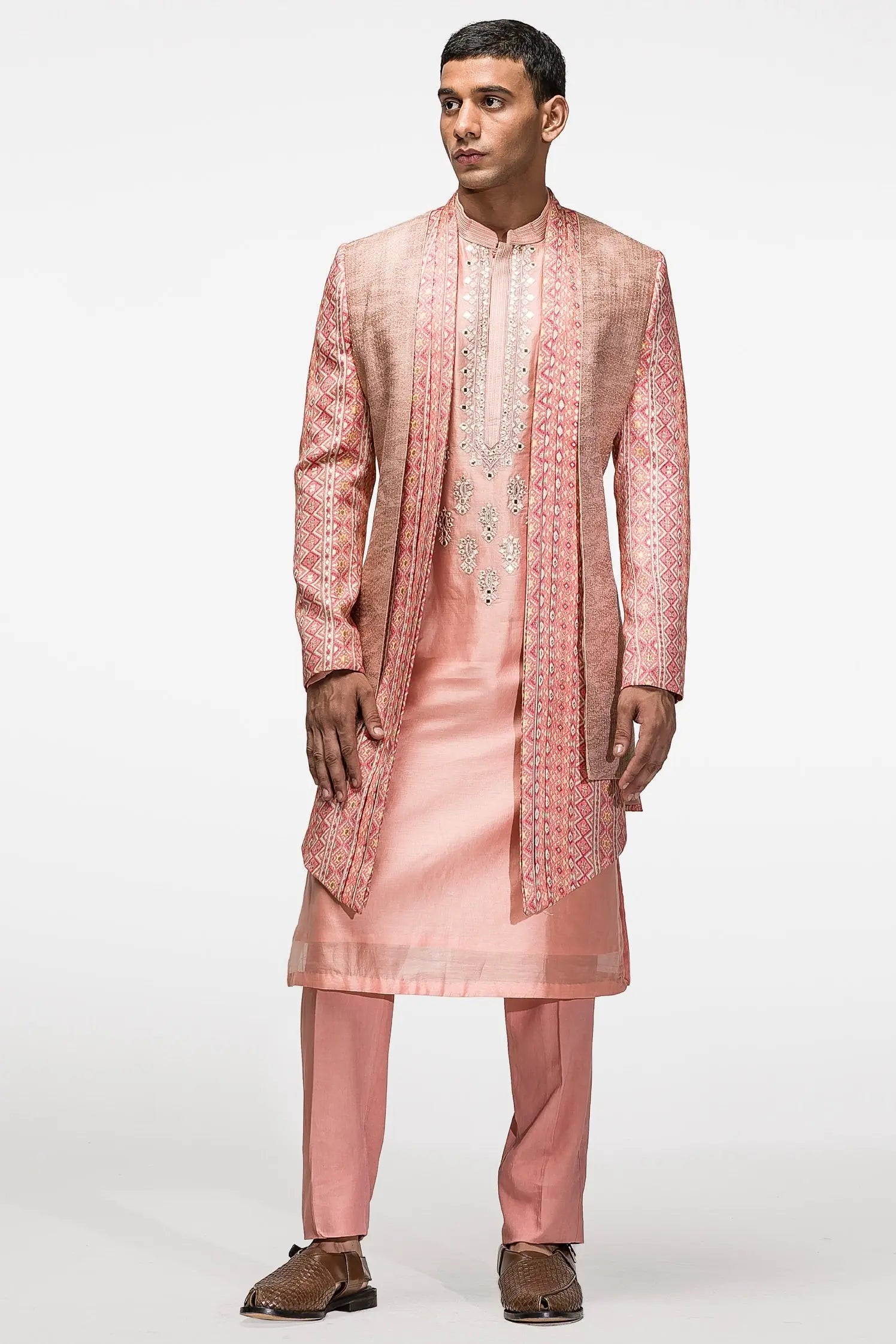 Salmon Pink Mirror Work Open achkan