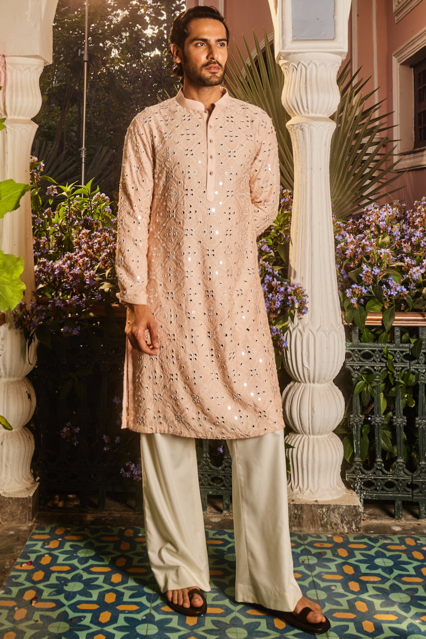 Ivory Champagne Embroidered Mirror Kurta Set – Asuka Couture