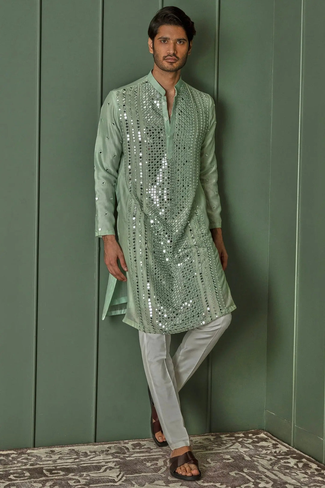 Green Mirage: Green Chanderi Kurta with Panel Mirror Work and Resham Affixed - Asuka Couture