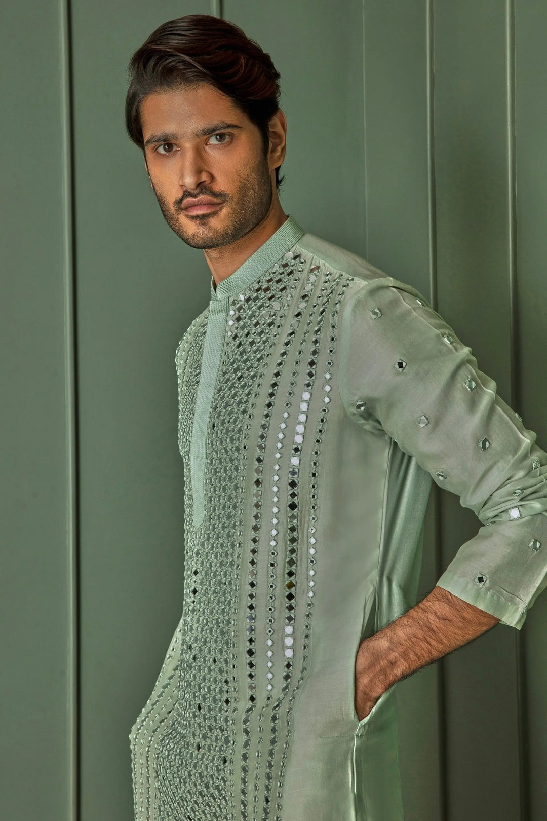 Green Mirage: Green Chanderi Kurta with Panel Mirror Work and Resham Affixed - Asuka Couture