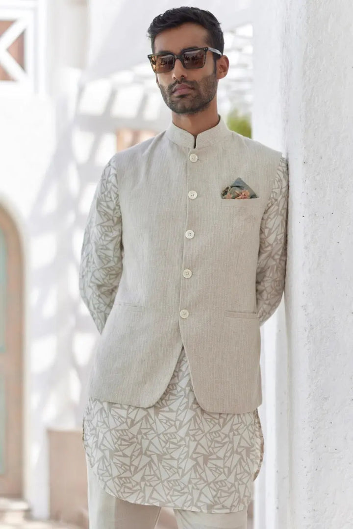 Natural Beige Abstract Geometric Print Kurta Bundi Set - Asuka Couture