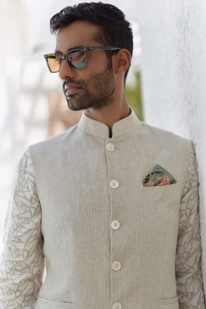 Natural Beige Abstract Geometric Print Kurta Bundi Set - Asuka Couture